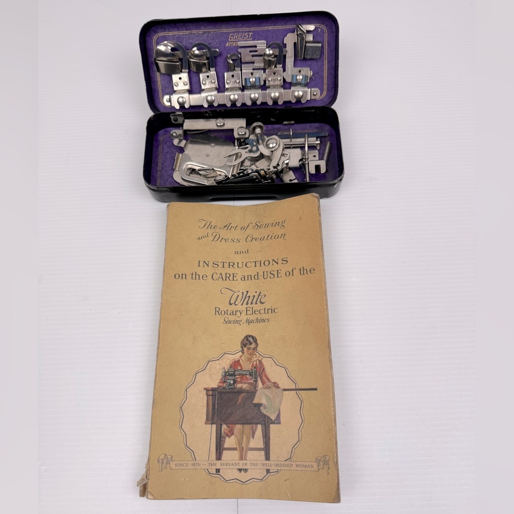 Vintage Lot Of 12 GREIST Sewing Machine Attachments w/Metal Case And Booklet